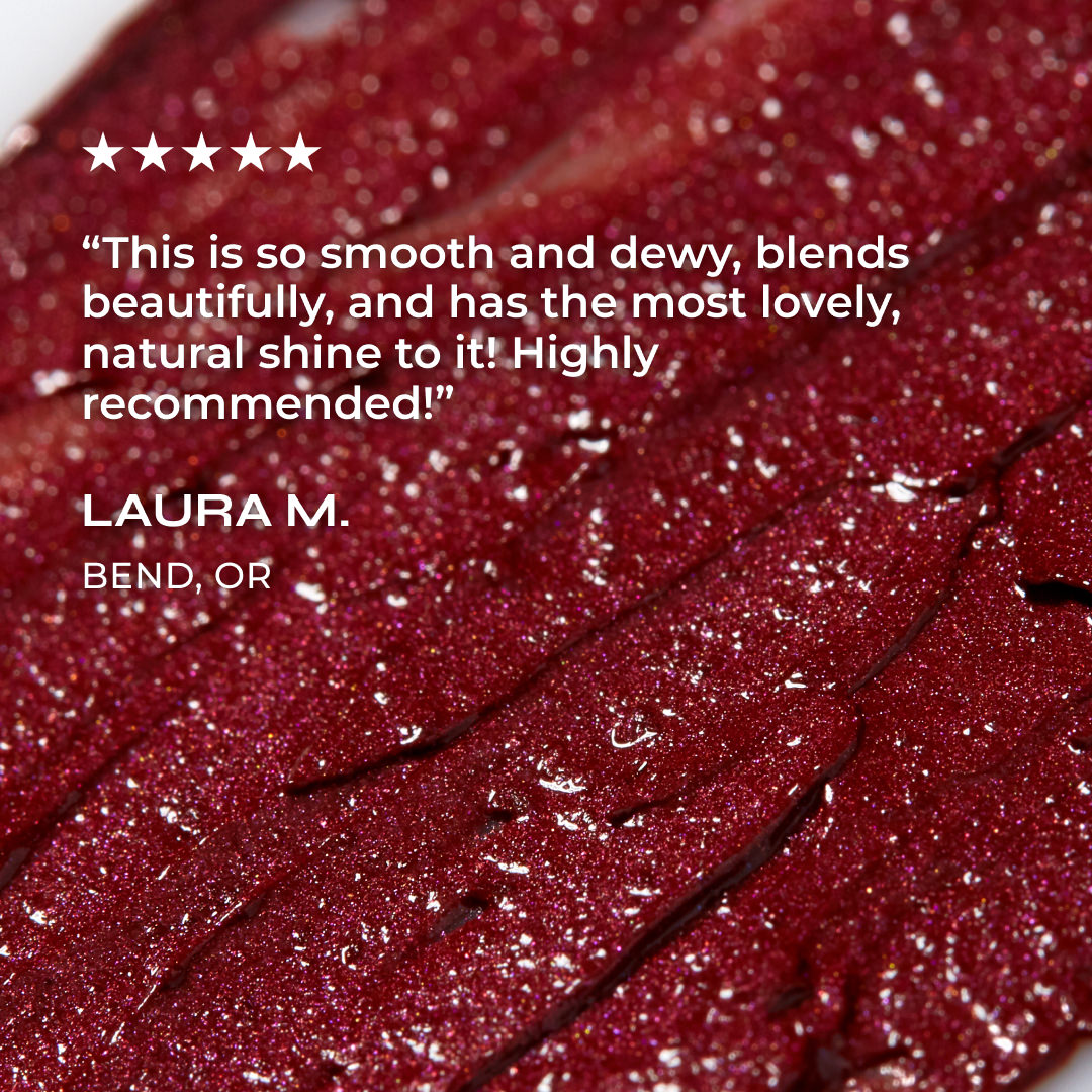 Close-up of a red glittery product with a five-star rating and review text overlay.