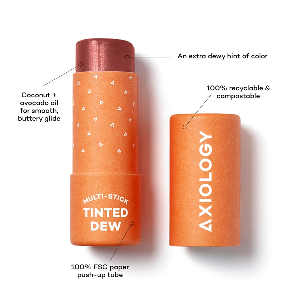 Axiology Multi-Stick Tinted Dew product with features highlighted on a white background