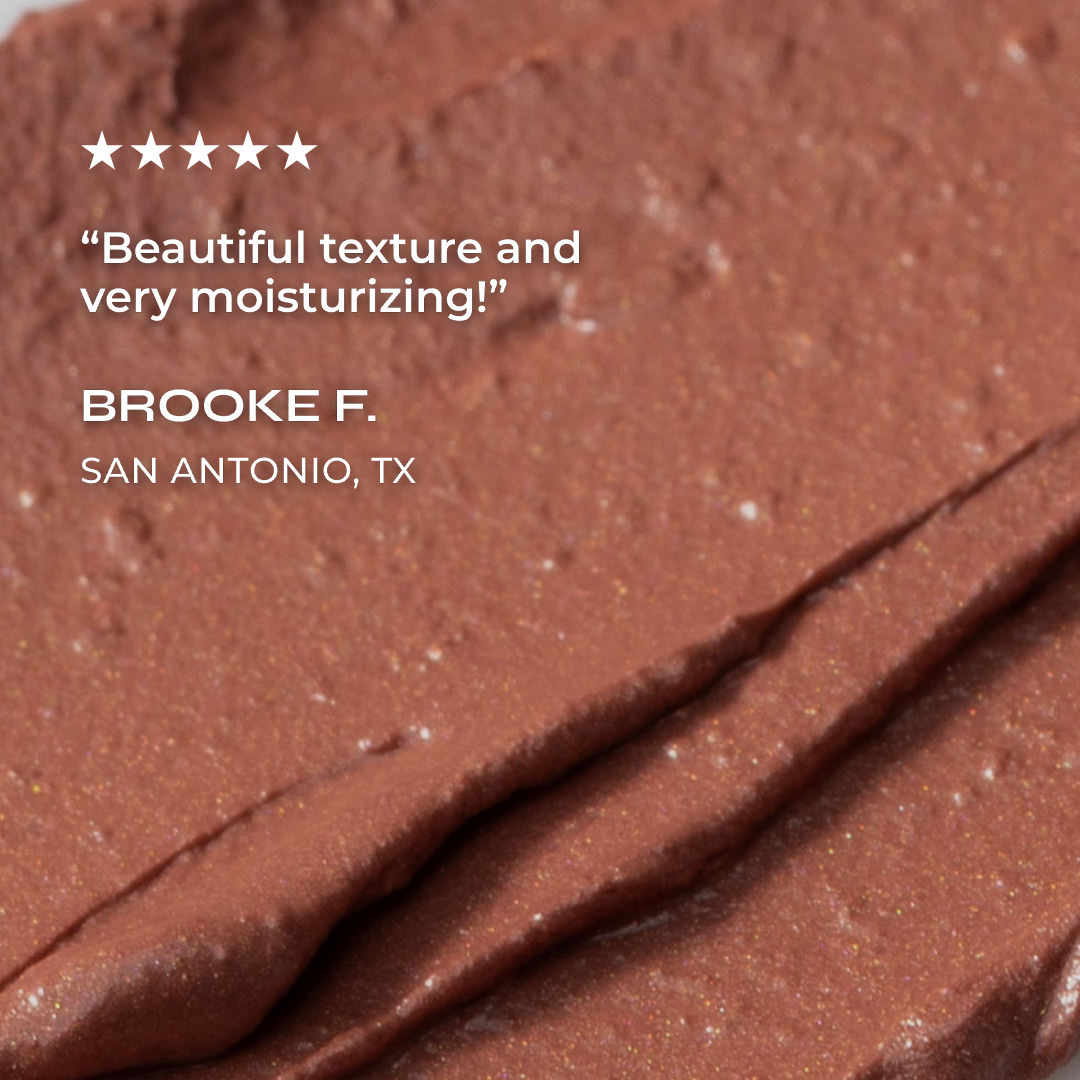 Close-up of brown textured product with customer review text overlay