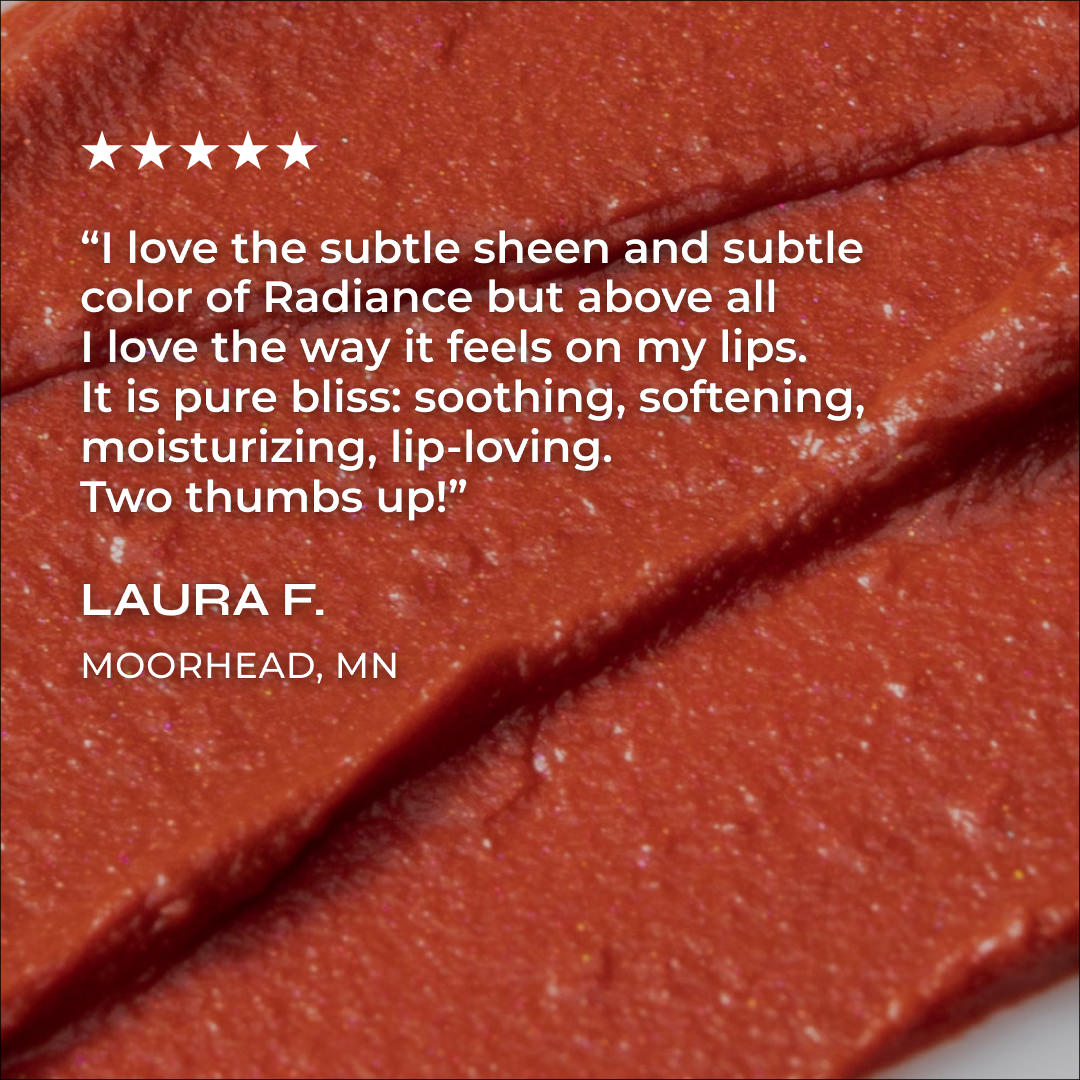 Close-up of a red lip balm with a five-star rating and review text on a white background.