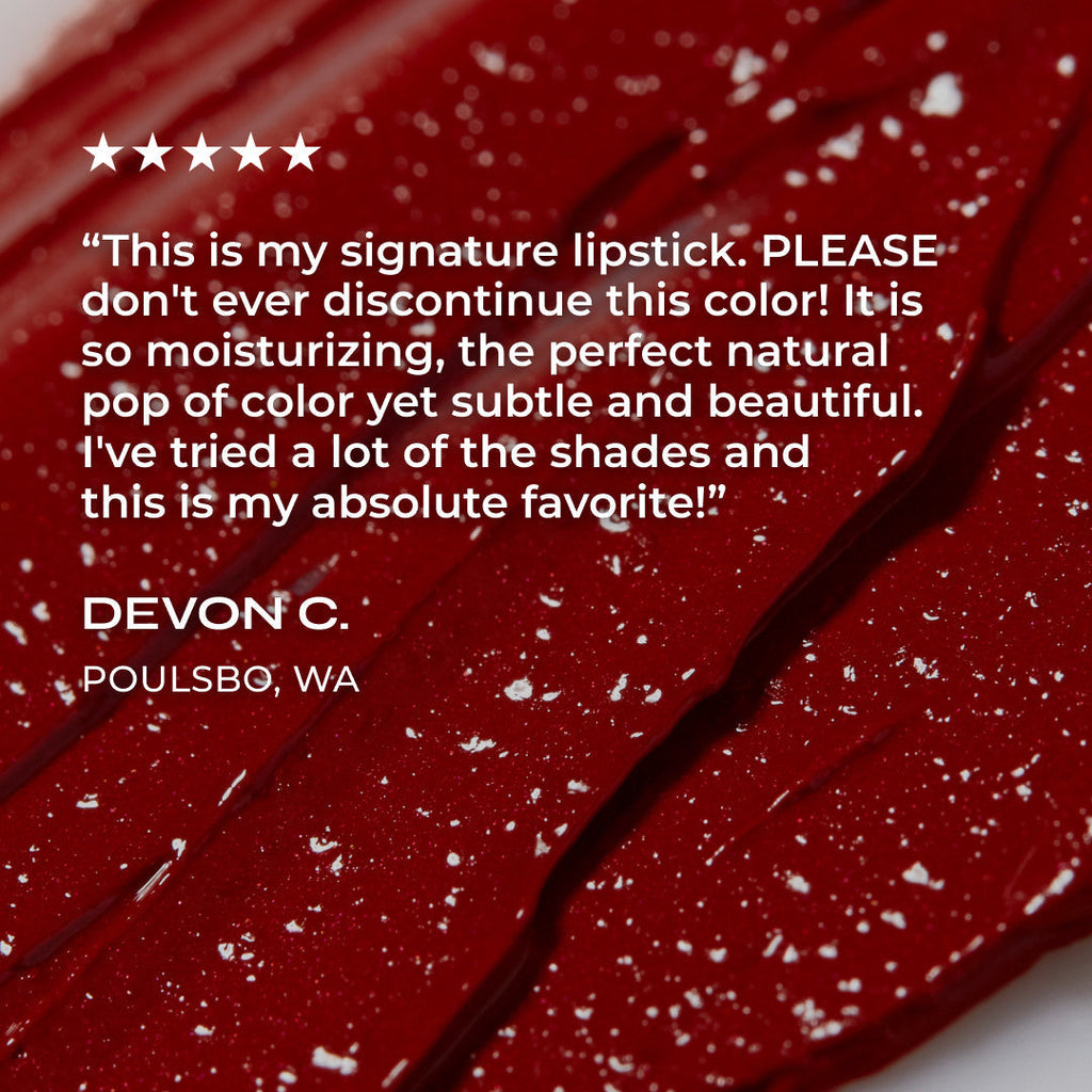 Red lipstick with customer review text on a red background