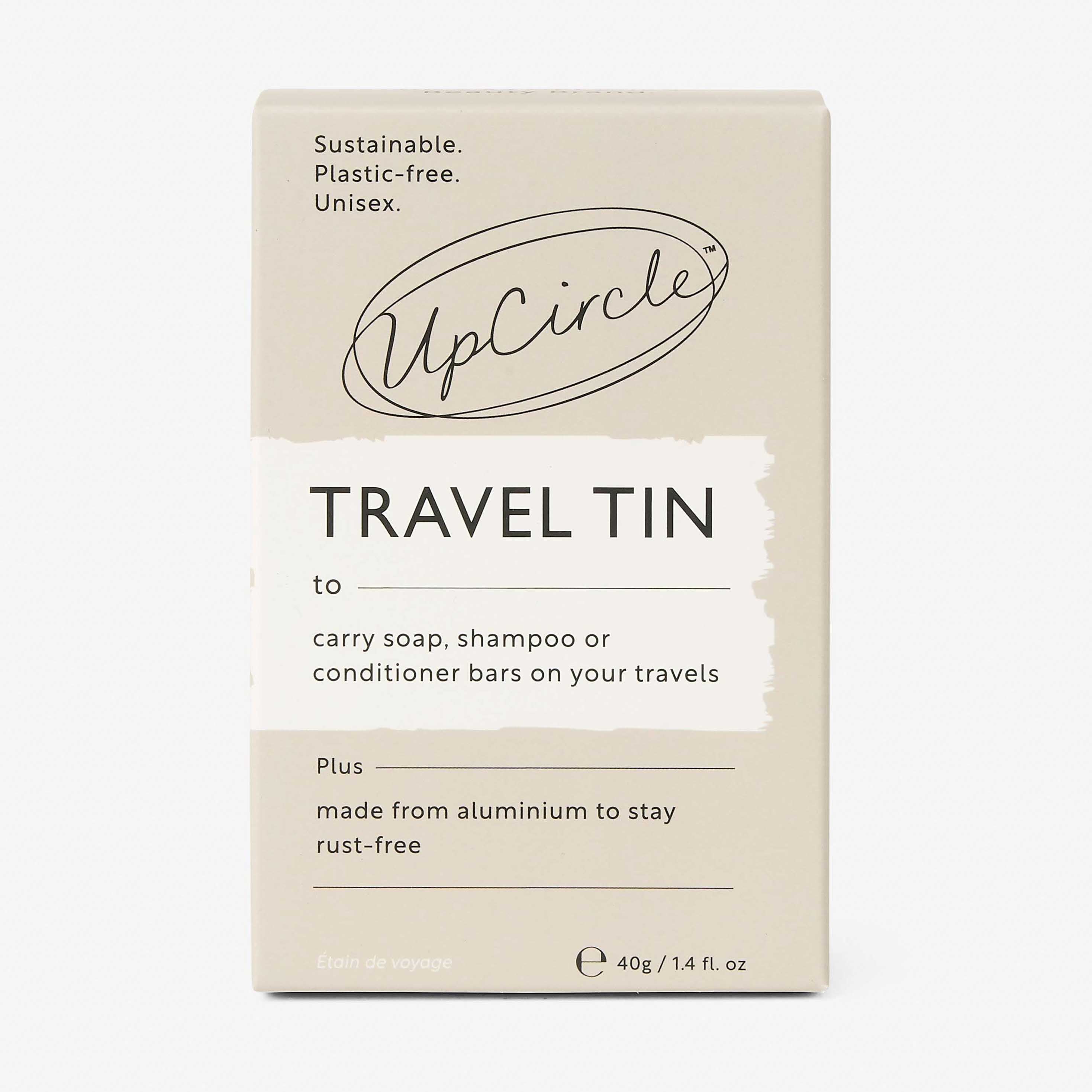 UpCircle travel tin packaging on a white background
