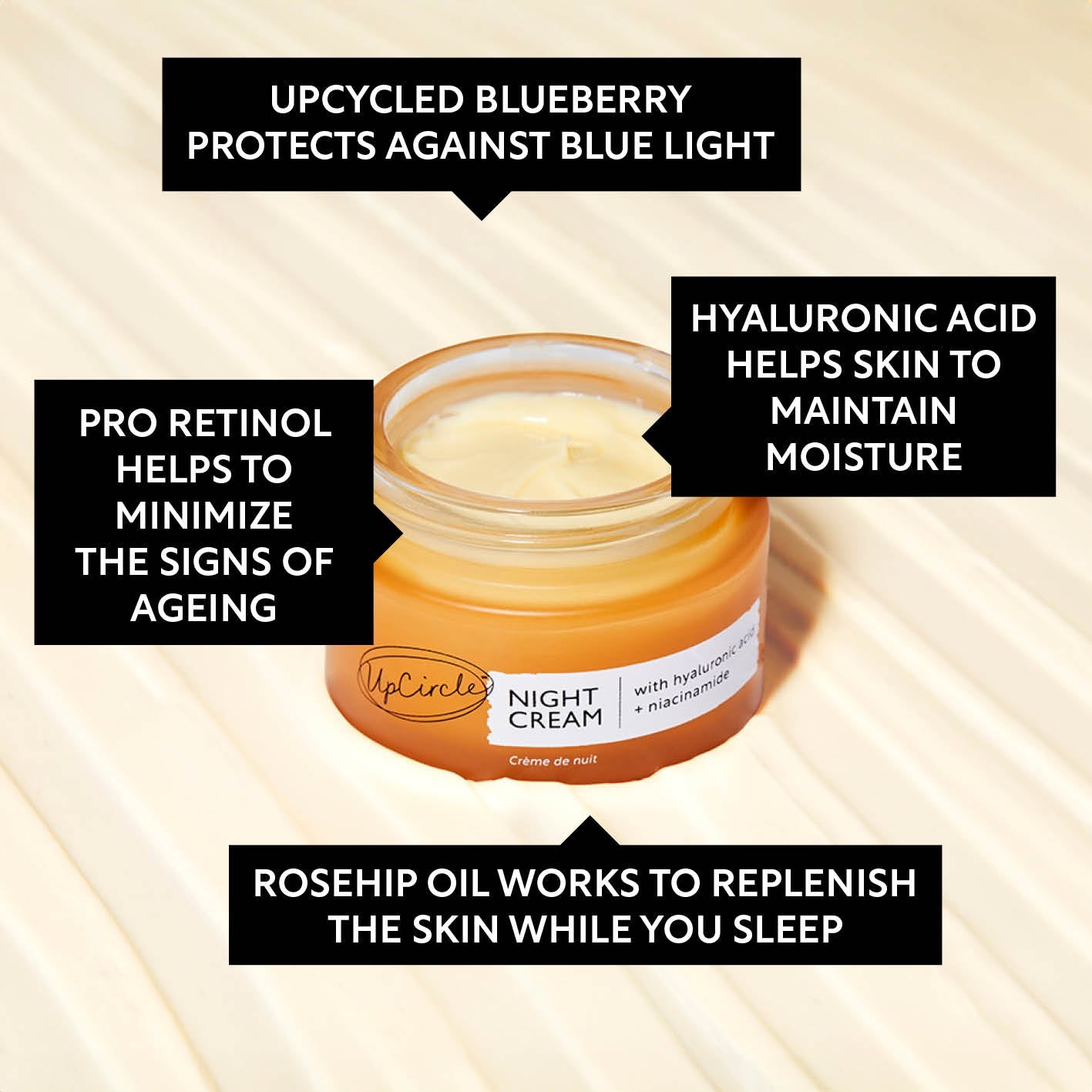 Night cream jar with text highlighting ingredients and benefits on a beige background