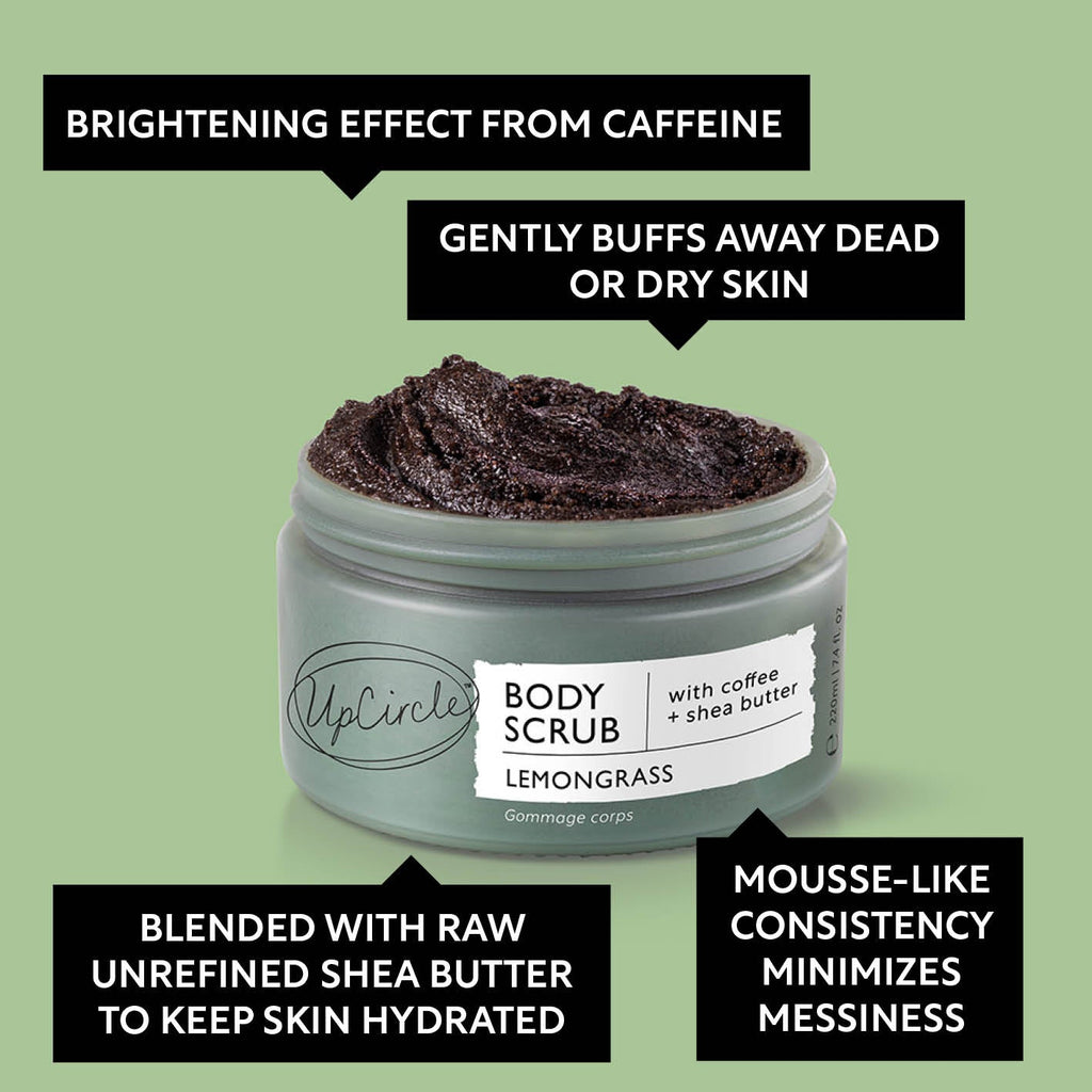 Body scrub container with text highlighting its benefits on a green background