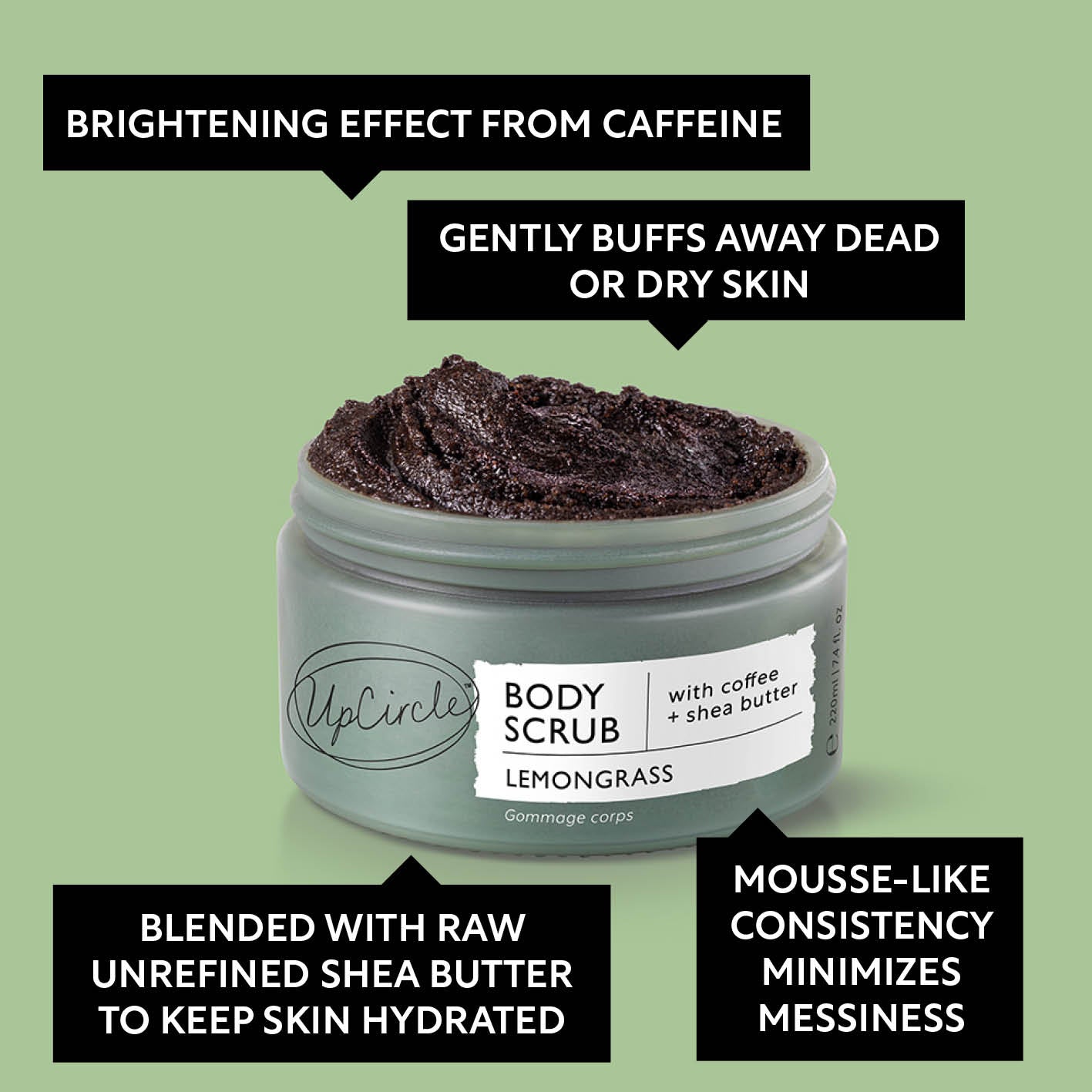 Body scrub container with text highlighting its benefits on a green background