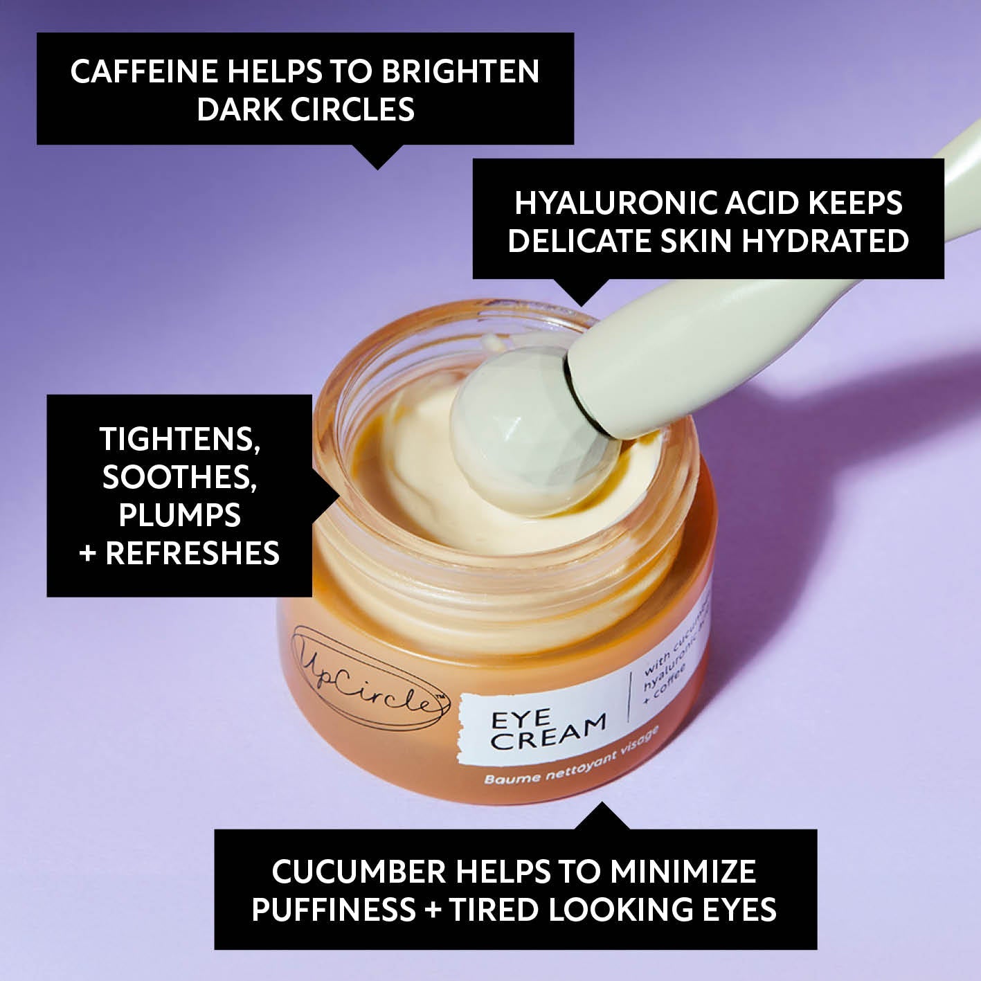 Eye cream jar with a spoonful of cream on a purple background, featuring text about ingredients and benefits.