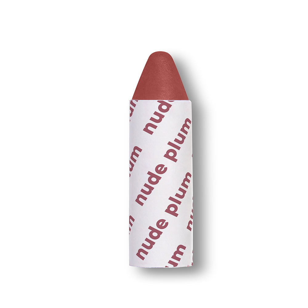 Lip crayon with 'nude plum' packaging on a white background