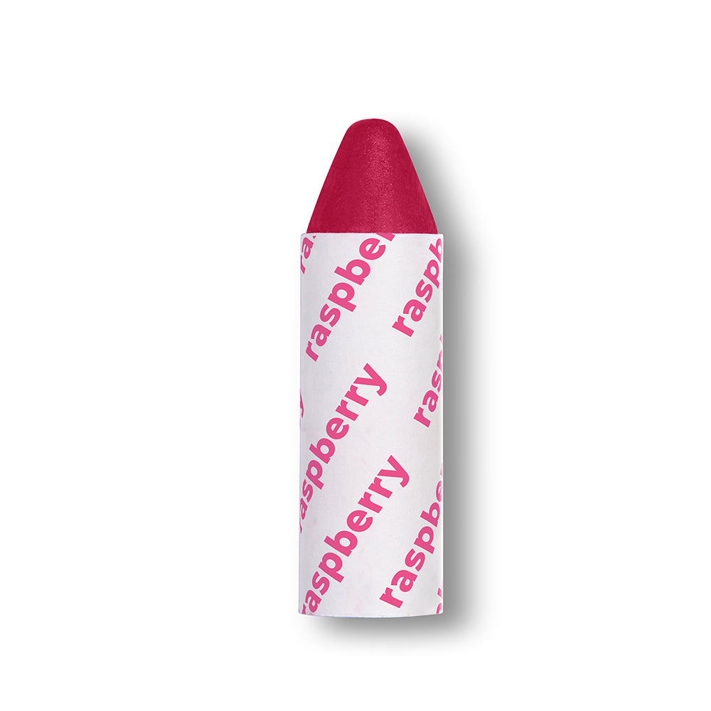 Pink lipstick with 'raspberry' text on a white background