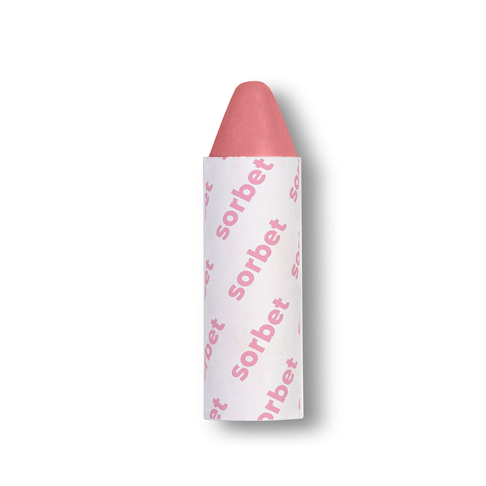 Pink sorbet lip crayob with white paper wrapper on a white background