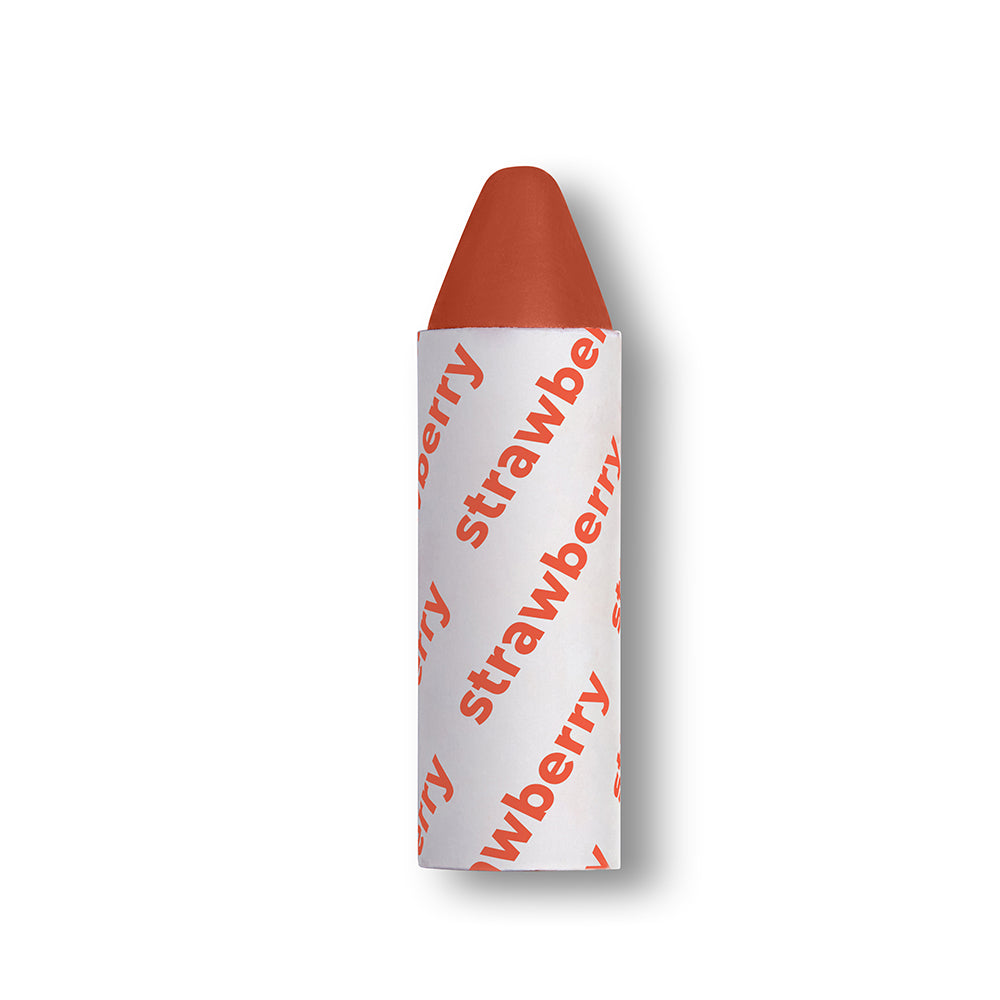 Red lip crayon with white body featuring 'strawberry' text on a white background