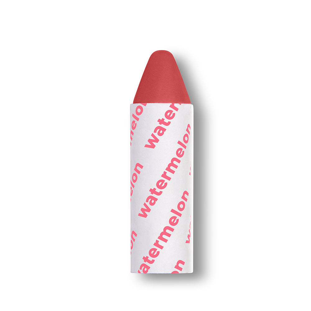 Red lip crayon with white label featuring 'watermelon' text on a white background