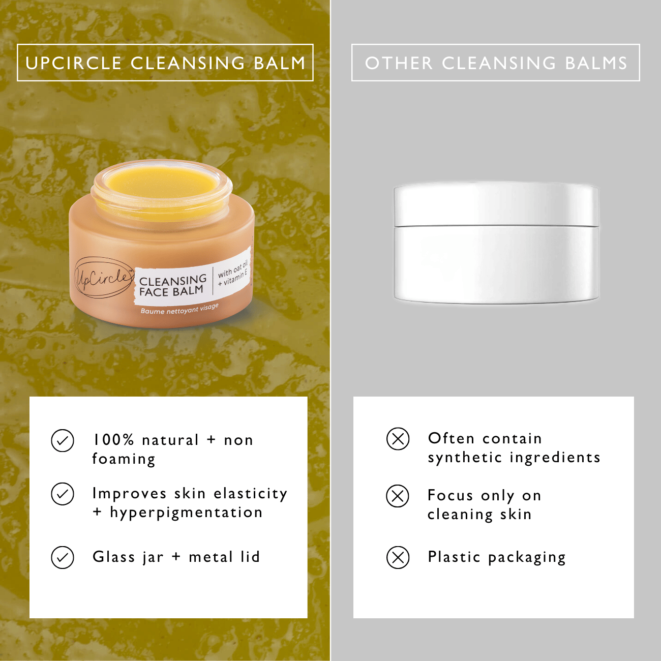 UpCircle cleansing balm jar with features listed on a green and gray background