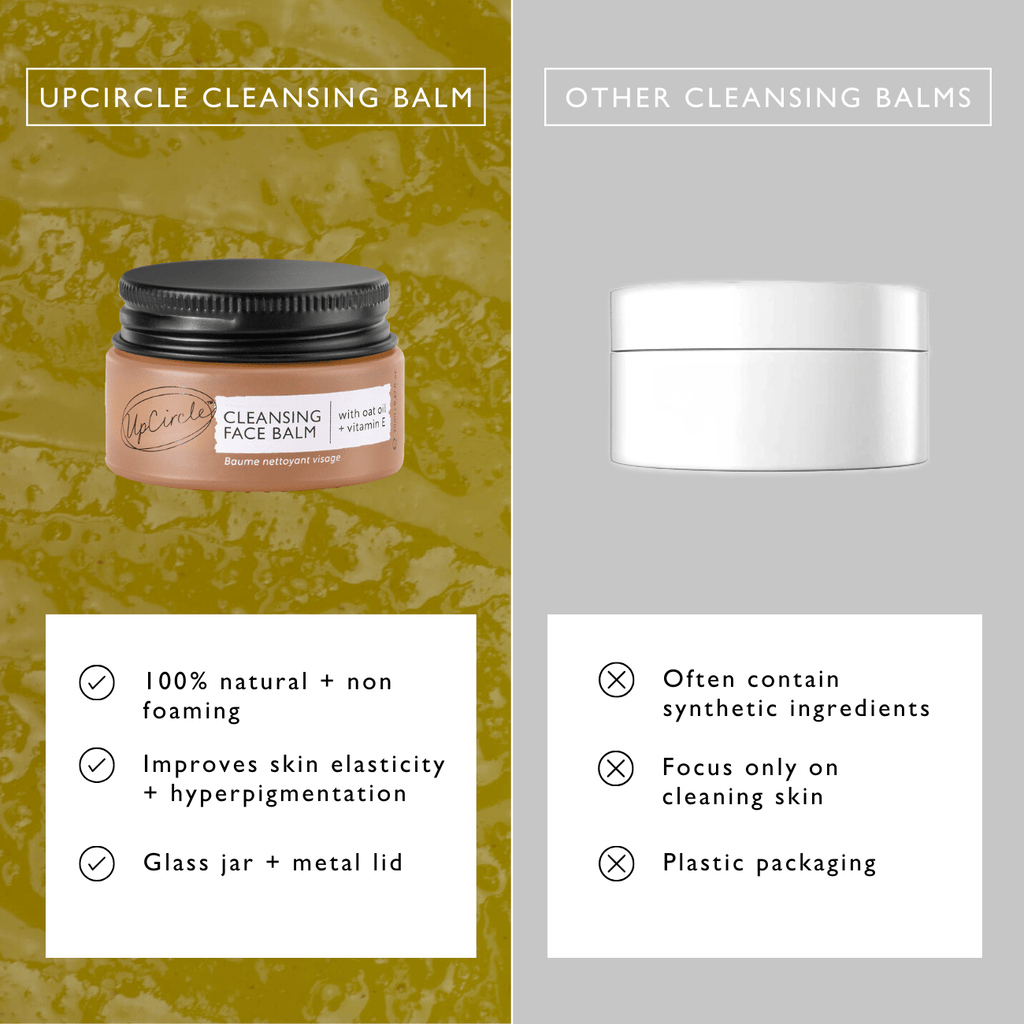 UpCircle cleansing balm jar with comparison to other cleansing balms on a green and gray background.