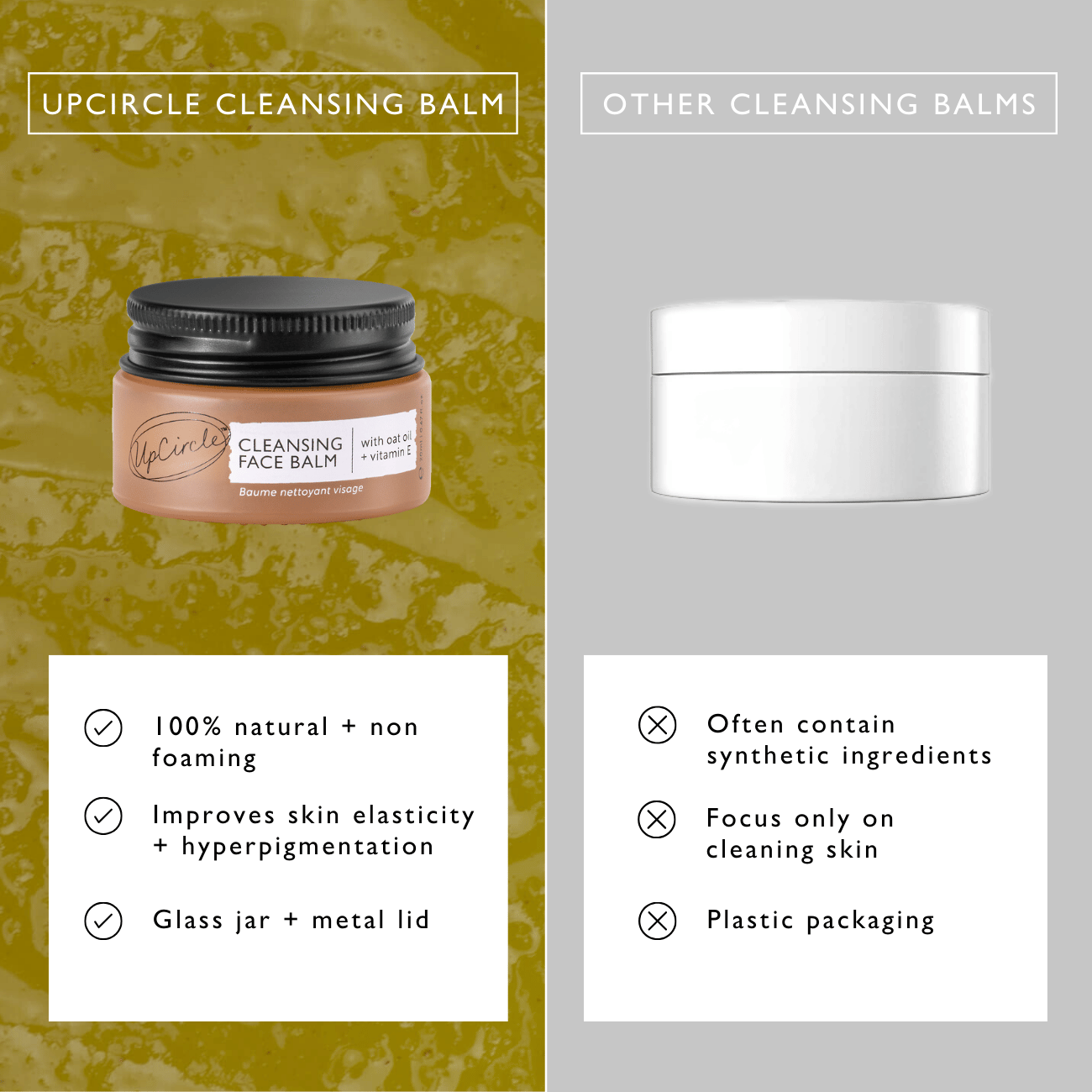 UpCircle cleansing balm jar with comparison to other cleansing balms on a green and gray background.