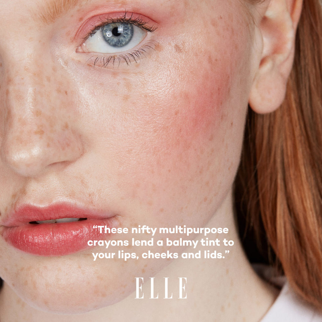 Close-up of a person's face with makeup and a product recommendation text overlay