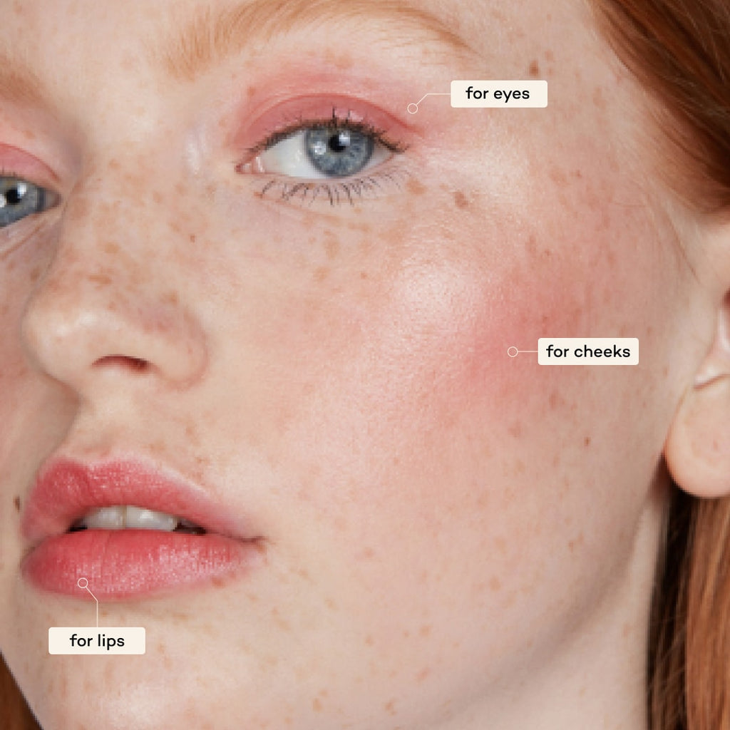 Close-up of a person's face with annotations for applying makeup to eyes, cheeks, and lips.