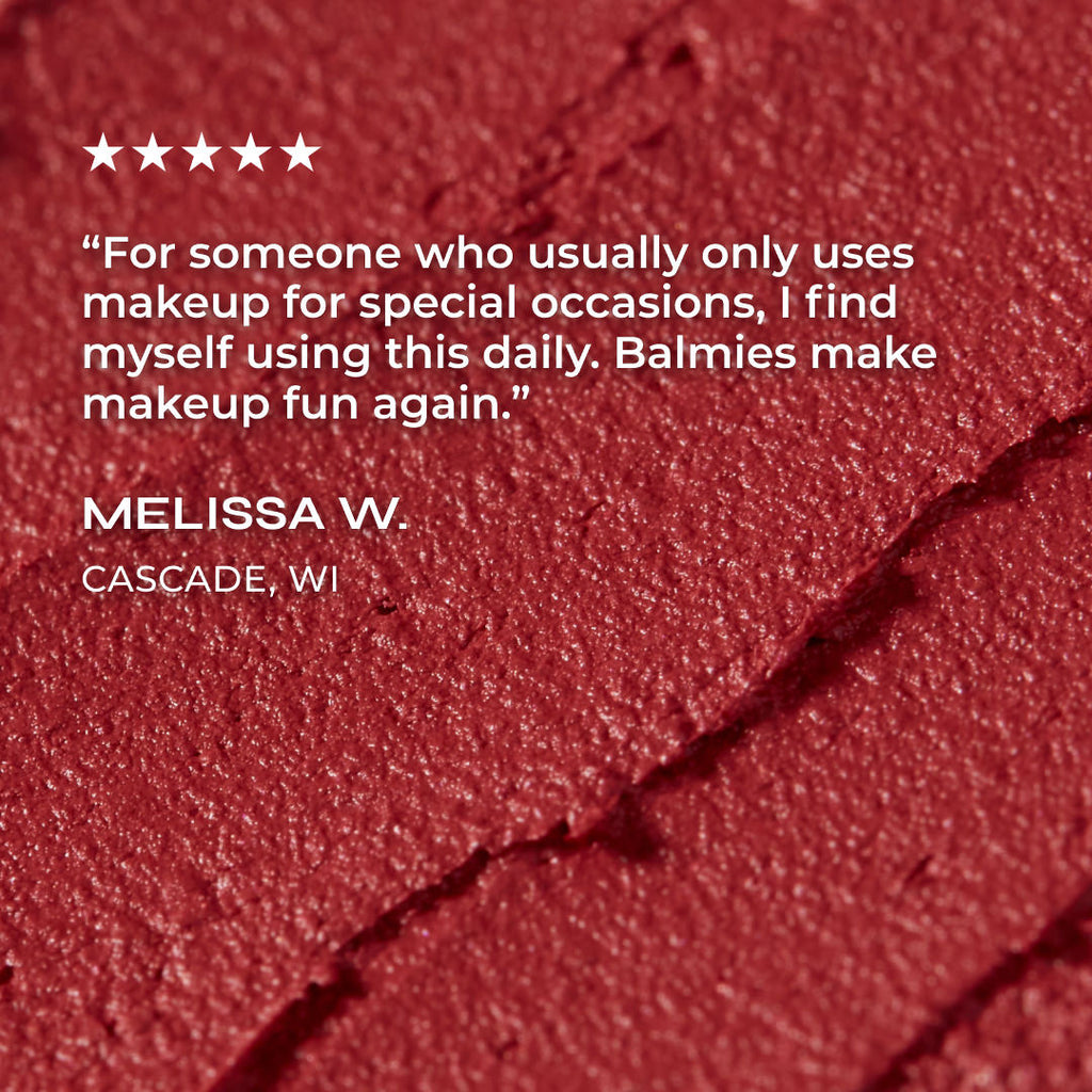 Red makeup crayon with a five-star rating and customer review on a red background