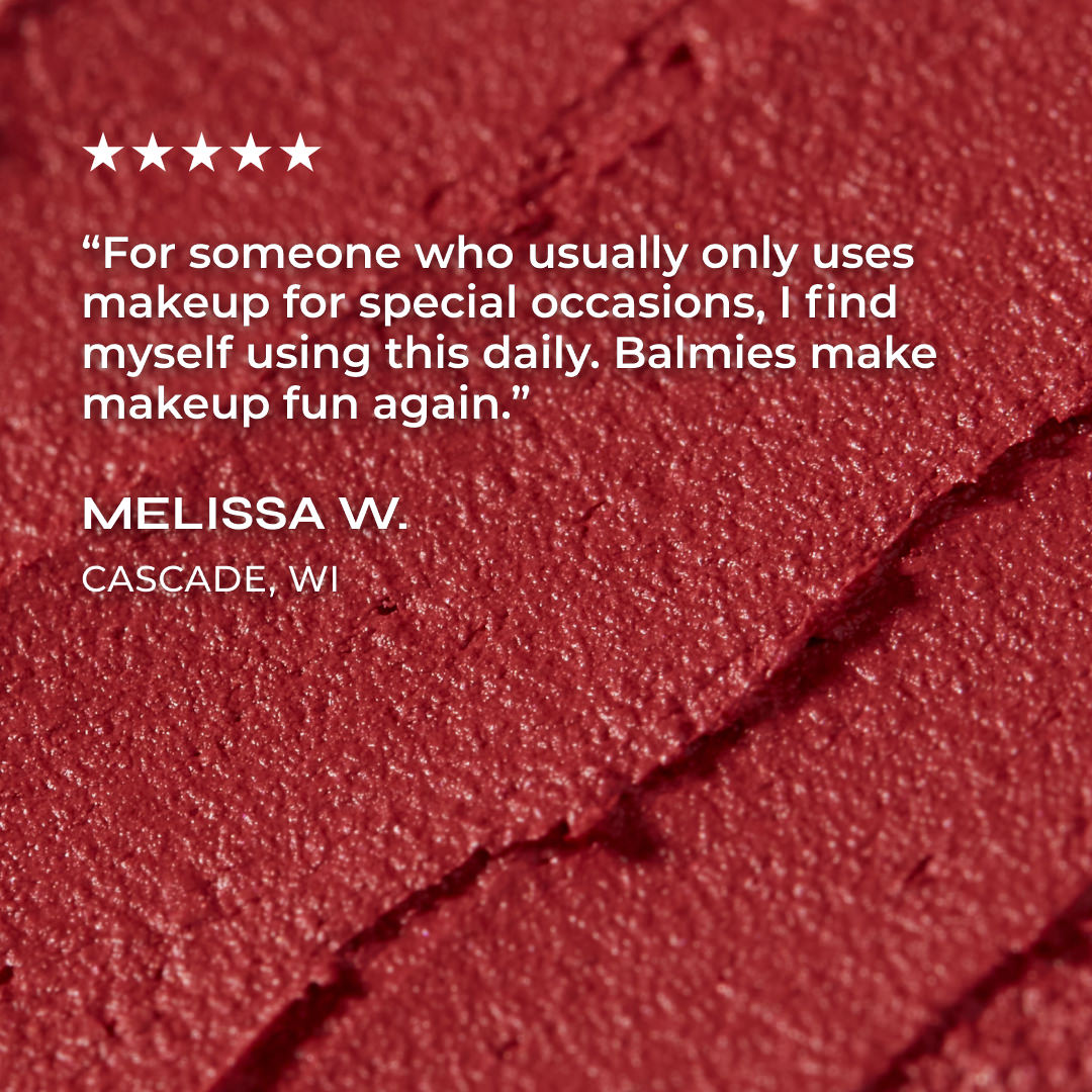 Red makeup crayon with a five-star rating and customer review on a red background