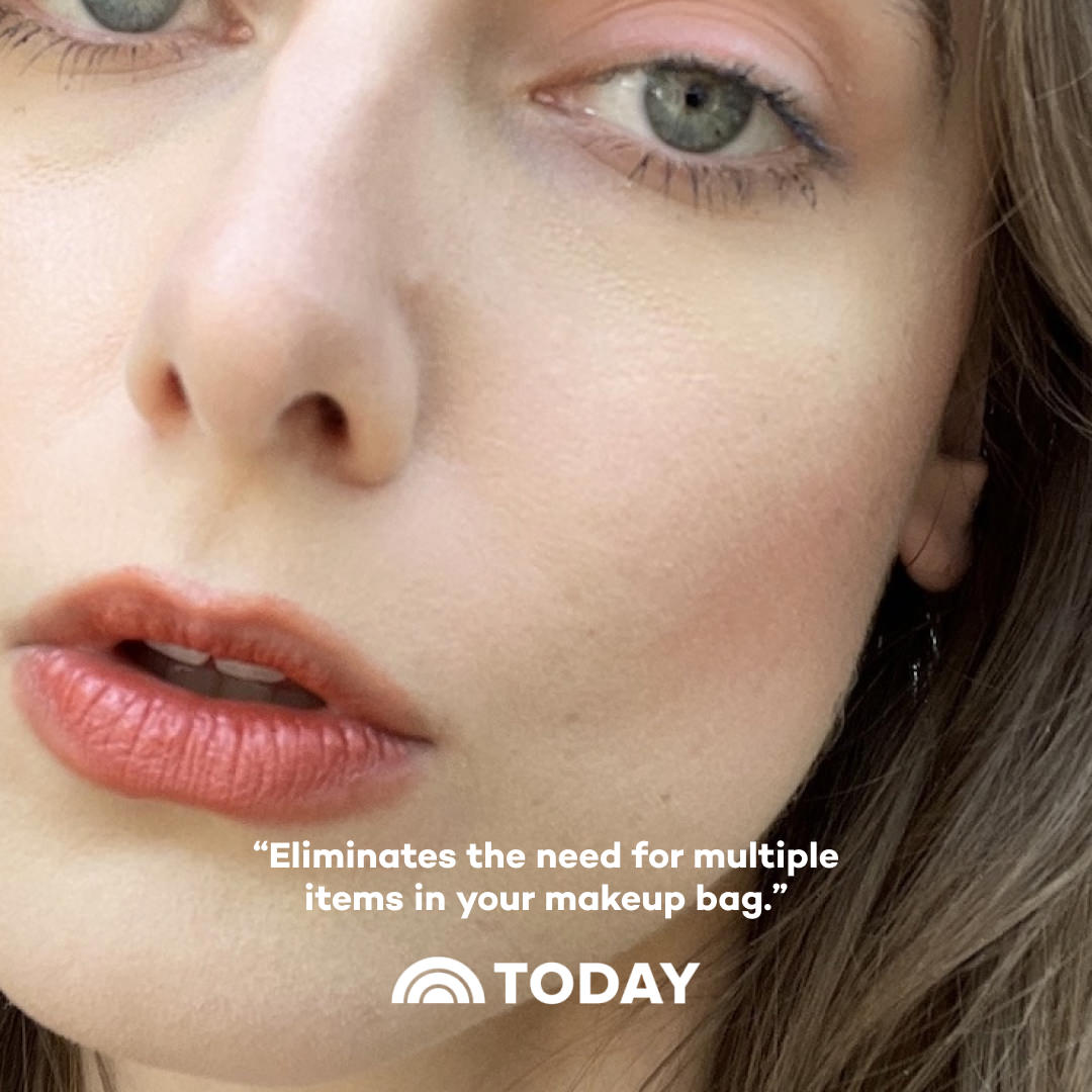 Close-up of a woman's face wearing makeup with text about makeup products, featuring the TODAY brand.