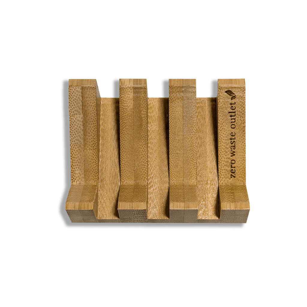 Bamboo soap dish with 'zero waste outlet' branding on a transparent background