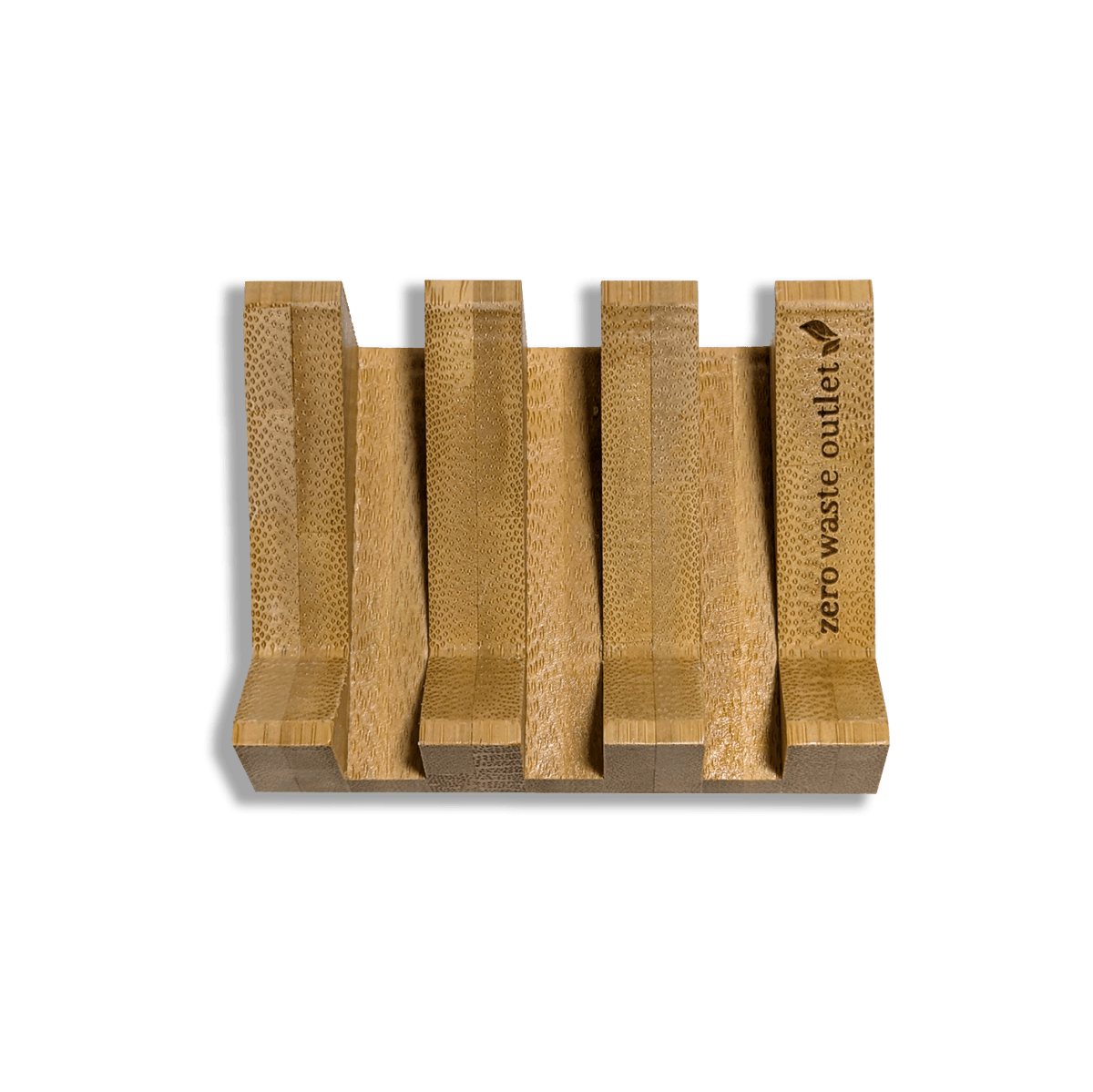Bamboo soap dish with 'zero waste outlet' branding on a transparent background