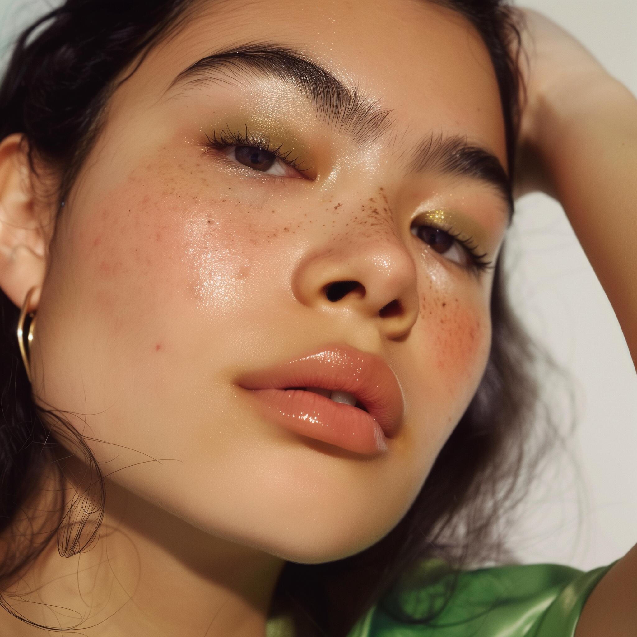 Closeup of woman's face with dewy skin wearing makeup