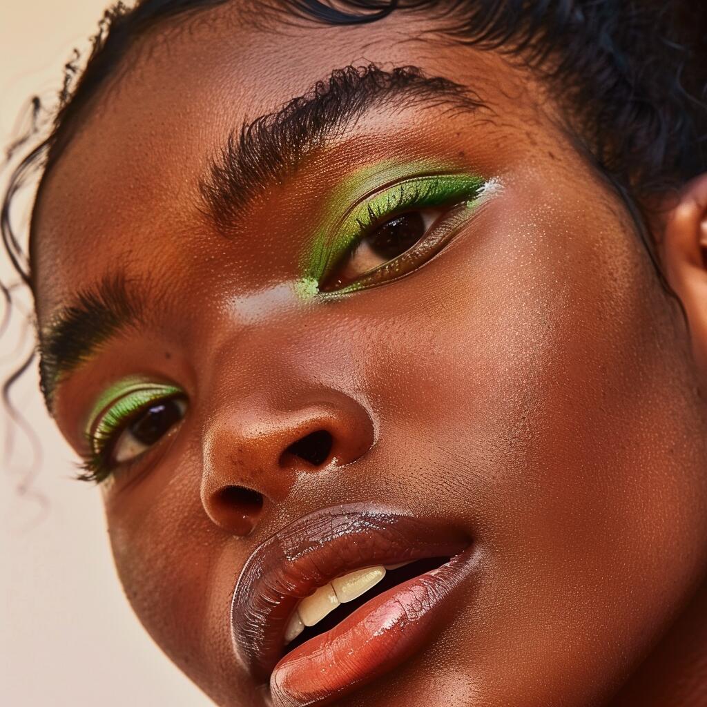 Closeup of woman's face with luminous skin wearing makeup
