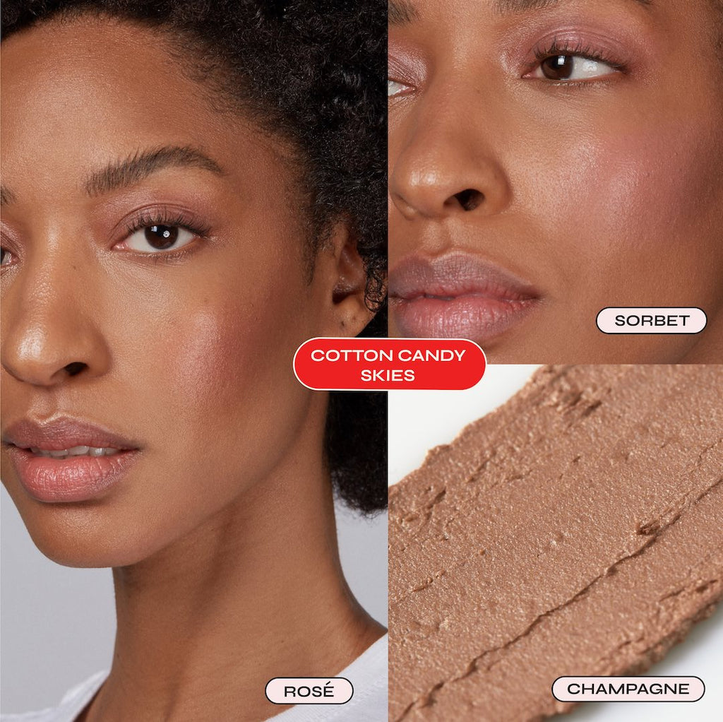 Close-up of a woman's face with different color swatches labeled 'Cotton Candy Skies', 'Sorbet', 'Rose', and 'Champagne'.
