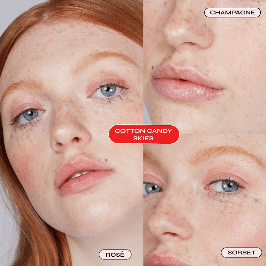 Close-up of a person's face with different makeup colors labeled 'Cotton Candy Skies', 'Champagne', 'Rosé', and 'Sorbet'.