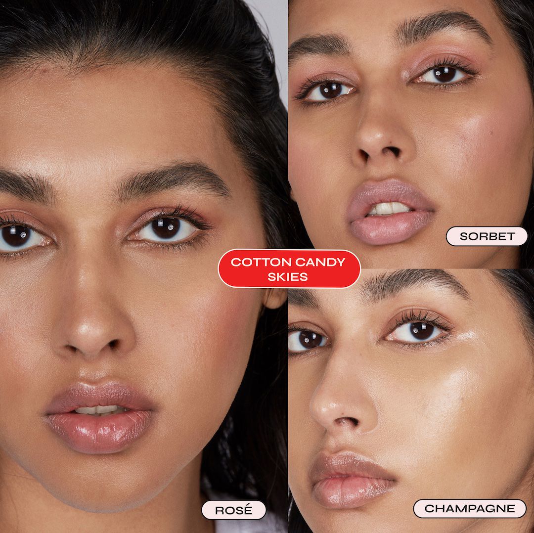 Close-up of a woman's face with different makeup shades labeled 'Cotton Candy Skies', 'Sorbet', 'Rose', and 'Champagne'.