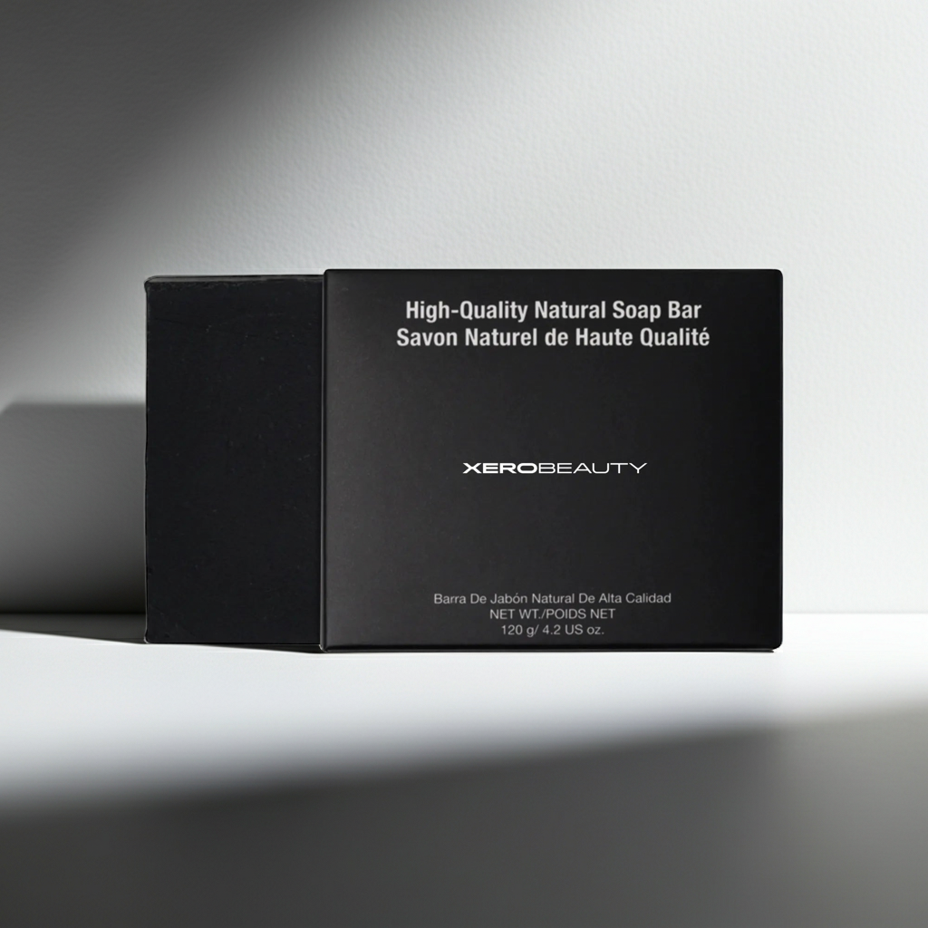 Black soap bar in packaging with 'Xero Beauty' branding on a gray background