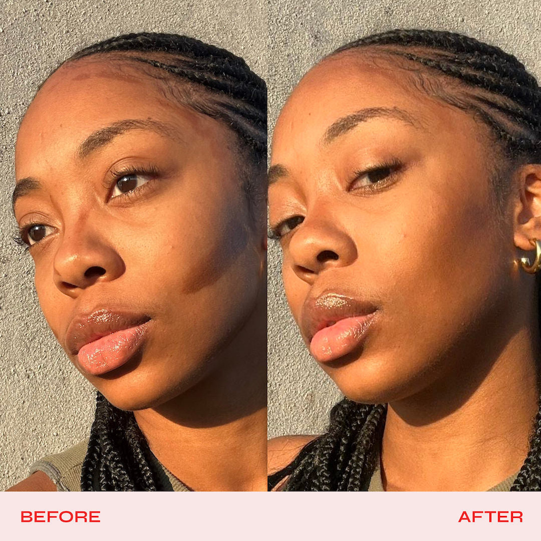 Before and after comparison of a woman's face with braided hair against a neutral background.