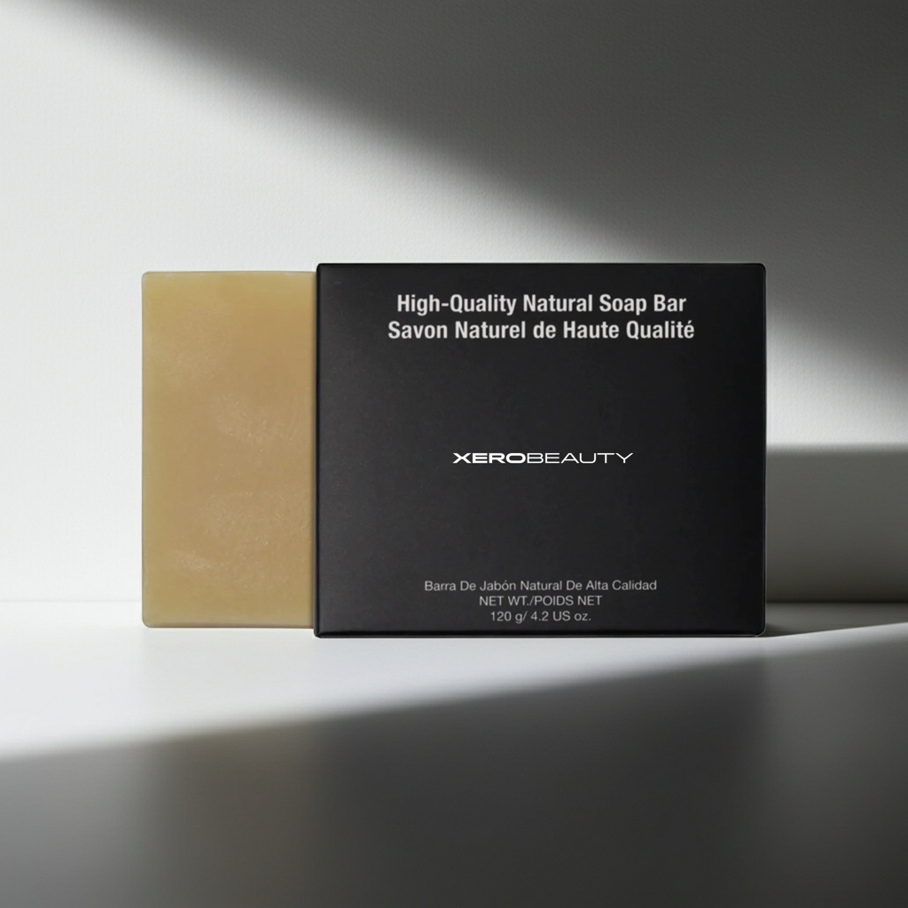 Xero Beauty soap bar and packaging on a white background