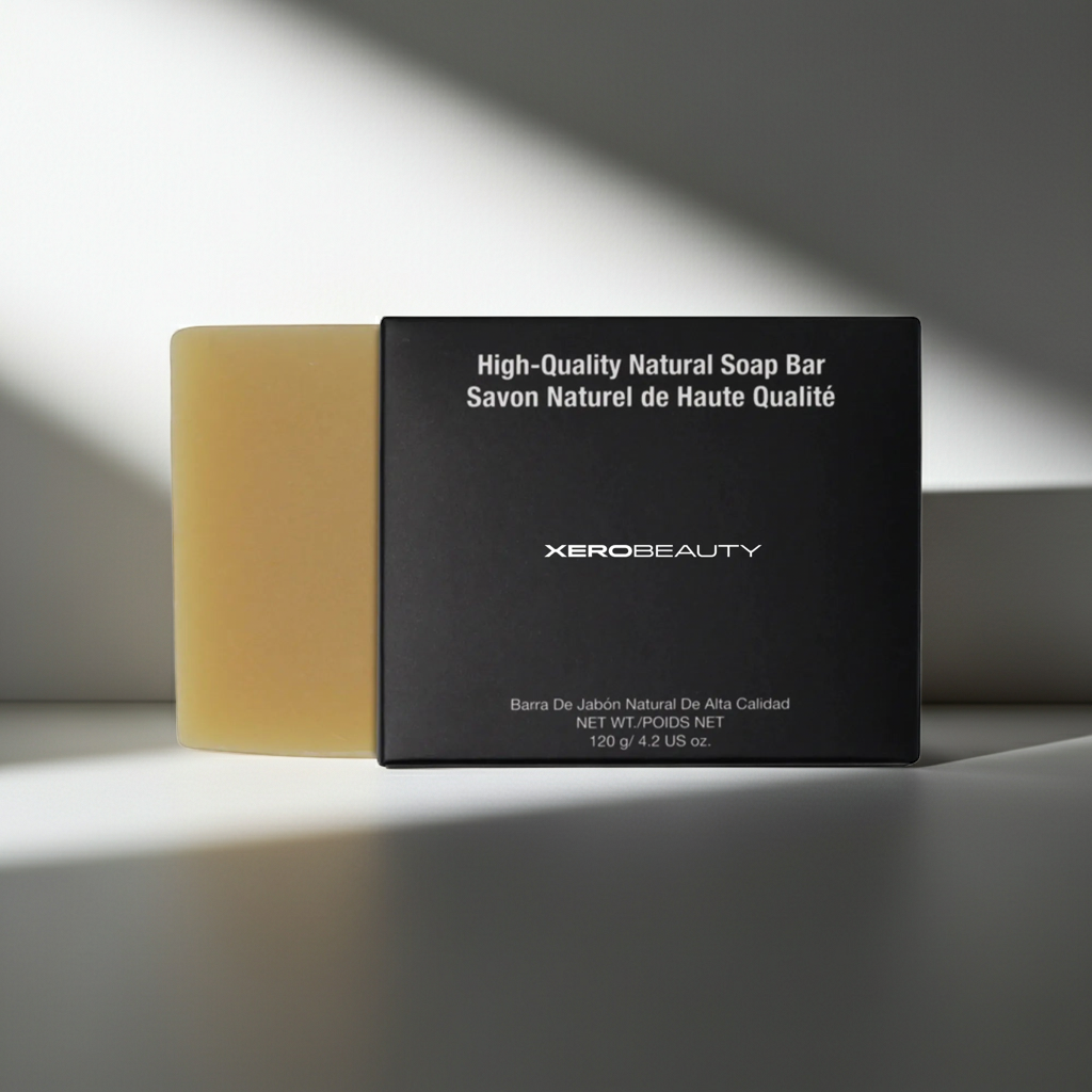 Xero Beauty high-quality natural soap bar with packaging on a gray background