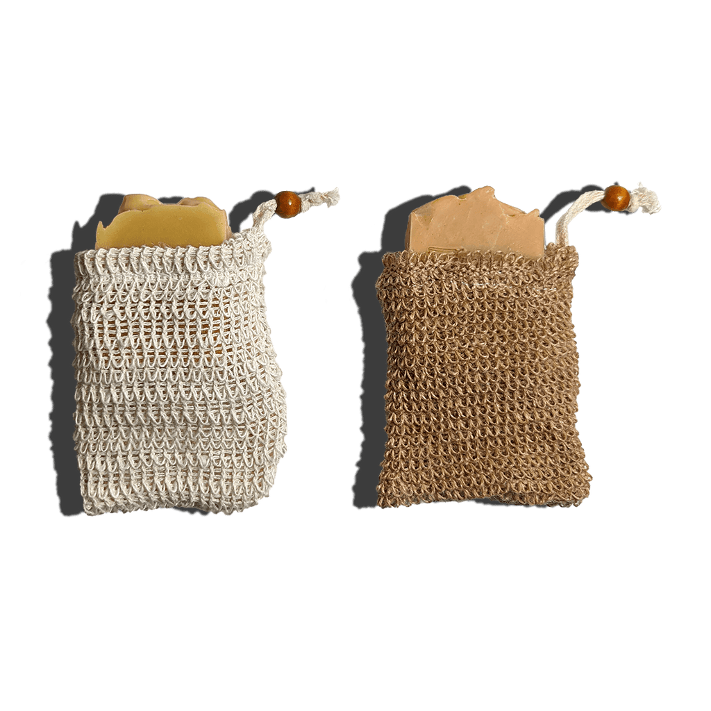 Two soaps in textured bags on a transparent background