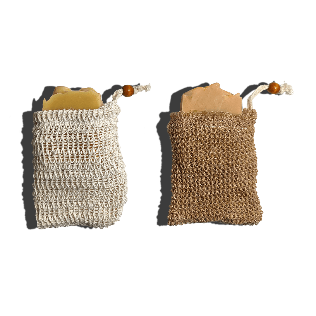 Two soaps in textured bags on a transparent background