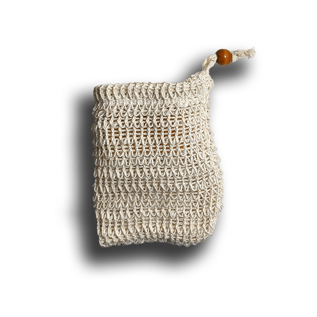 White textured soap pouch with a wooden slide on a transparent background