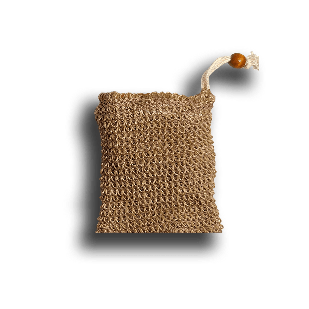 Brown textured soap pouch with a wooden slide on a transparent background