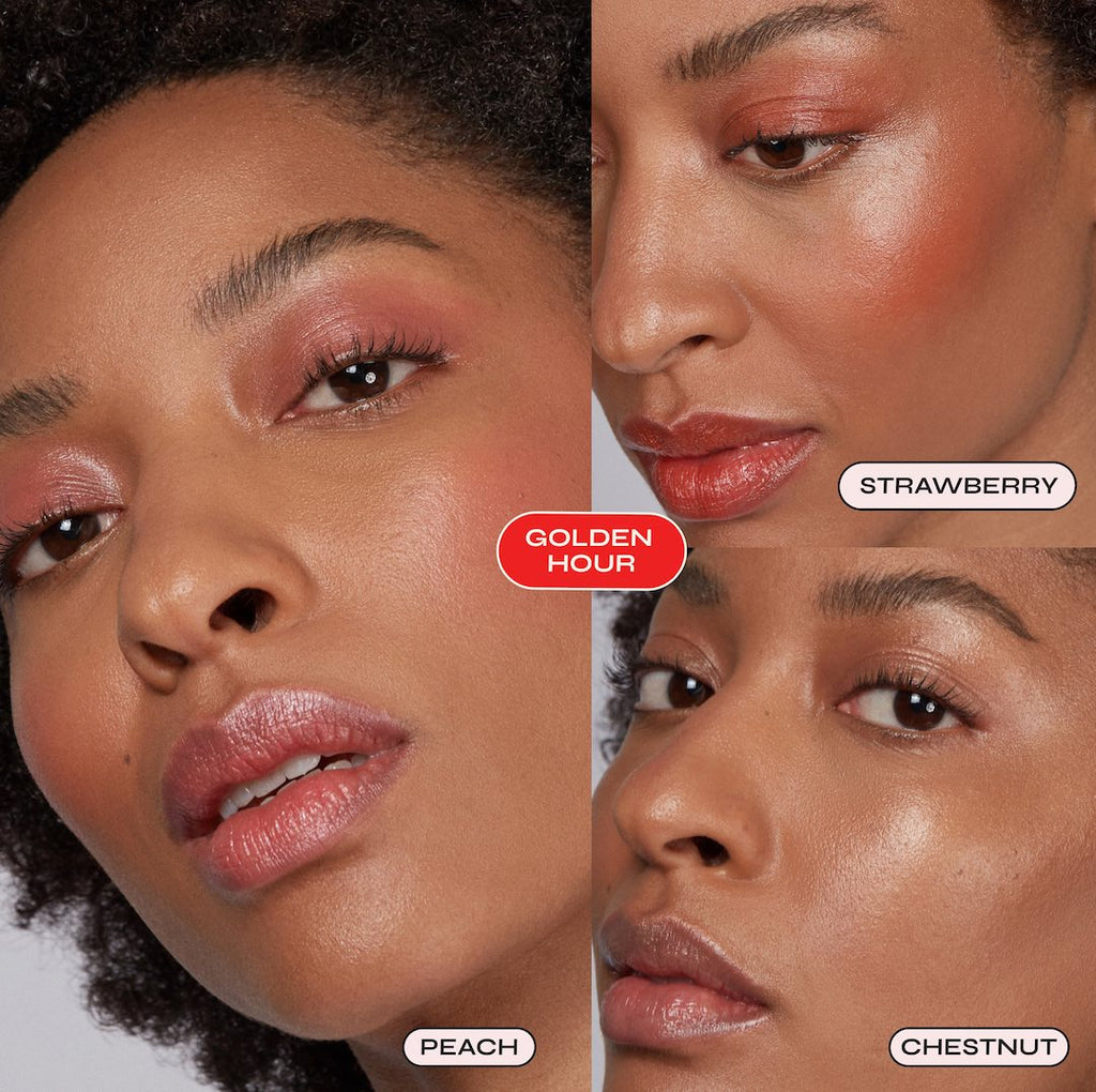Close-up of a woman's face with different lipstick shades labeled 'Golden Hour', 'Strawberry', 'Peach', and 'Chestnut'.