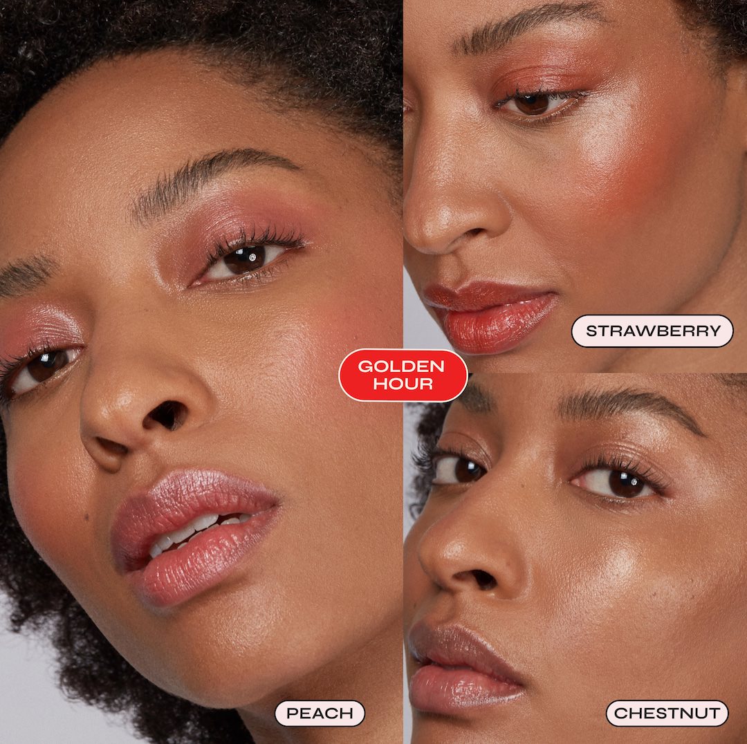 Close-up of a woman's face with different lipstick shades labeled 'Golden Hour', 'Strawberry', 'Peach', and 'Chestnut'.
