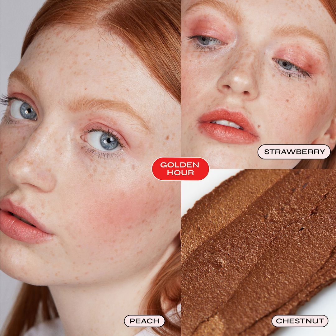 Close-up of a person with red hair and blue eyes, showing different makeup colors labeled 'Golden Hour', 'Strawberry', 'Peach', and 'Chestnut'.