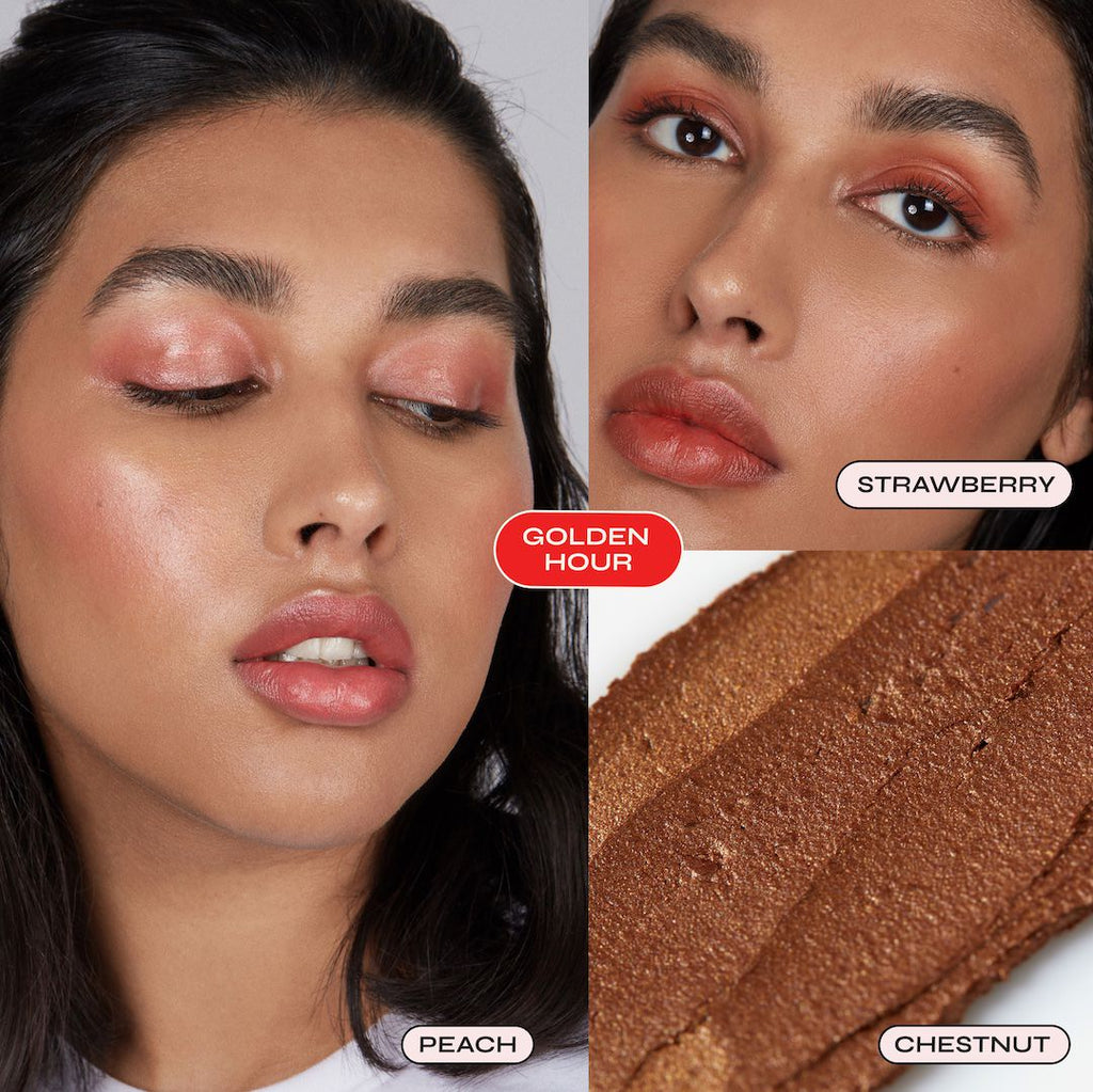 Makeup product with close-up of a woman's face wearing the product, labeled 'Golden Hour', 'Strawberry', 'Peach', and 'Chestnut'.