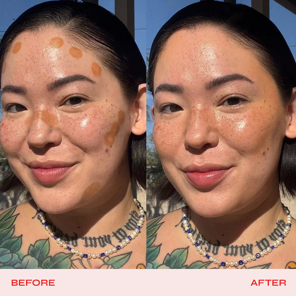 Before and after comparison of a woman's face with makeup.