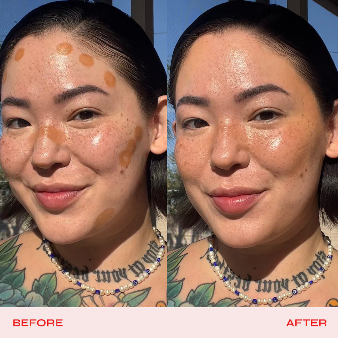 Before and after comparison of a woman's face with makeup.