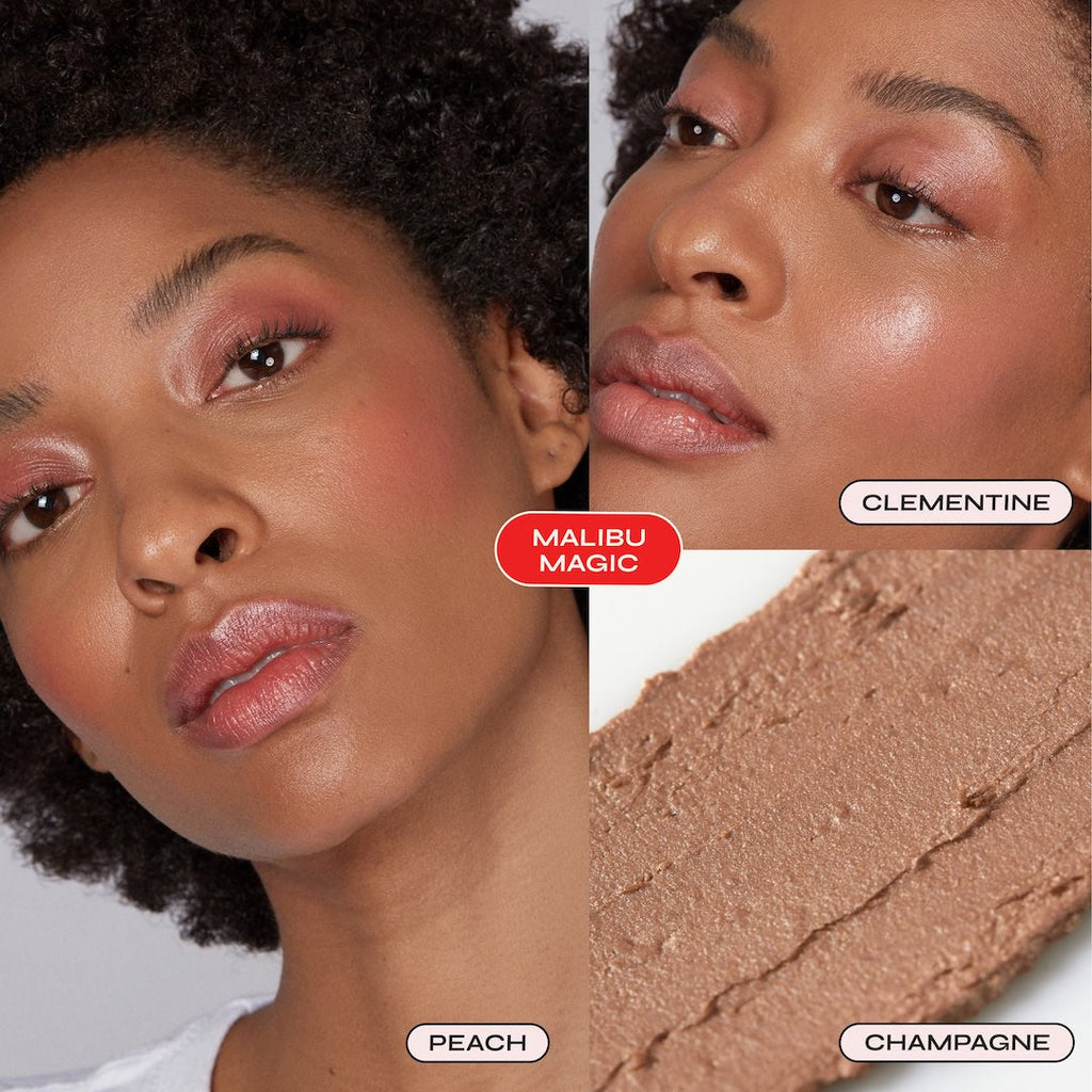 Close-up of a woman's face with makeup shades labeled 'Malibu Magic', 'Clementine', 'Peach', and 'Champagne'.