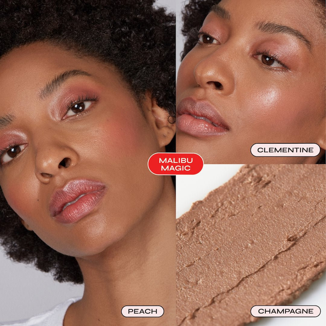 Close-up of a woman's face with makeup shades labeled 'Malibu Magic', 'Clementine', 'Peach', and 'Champagne'.