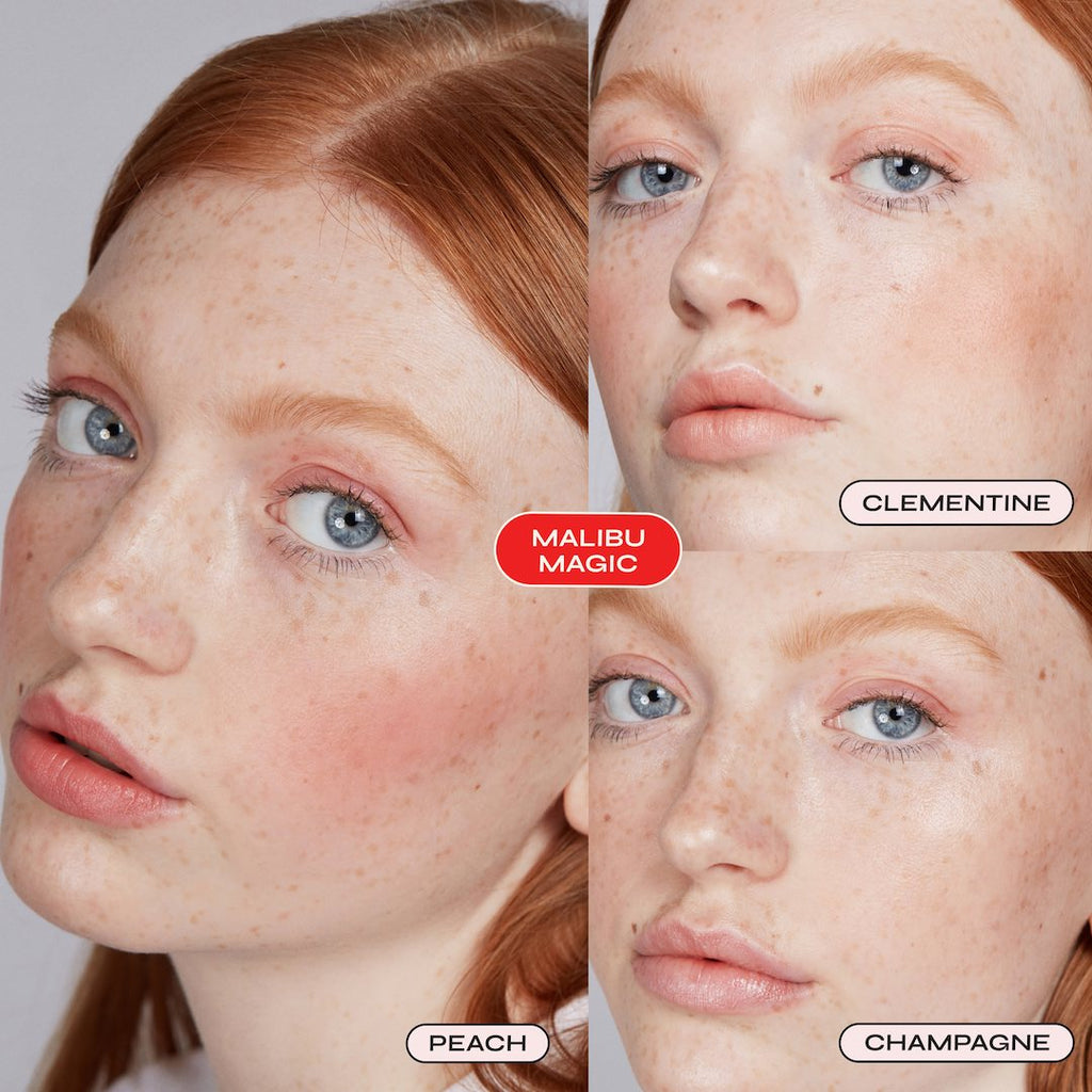 Close-up of a person with red hair and freckles, wearing different makeup colors labeled 'Malibu Magic', 'Peach', 'Clementine', and 'Champagne'.