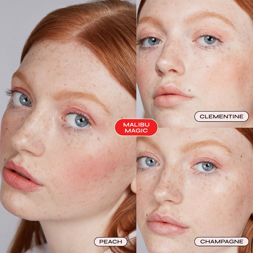 Close-up of a person with red hair and freckles, wearing different makeup colors labeled 'Malibu Magic', 'Peach', 'Clementine', and 'Champagne'.