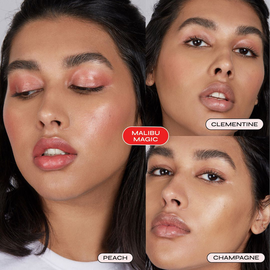 Collage of a woman's face with different makeup shades labeled 'Malibu Magic', 'Clementine', 'Peach', and 'Champagne'.