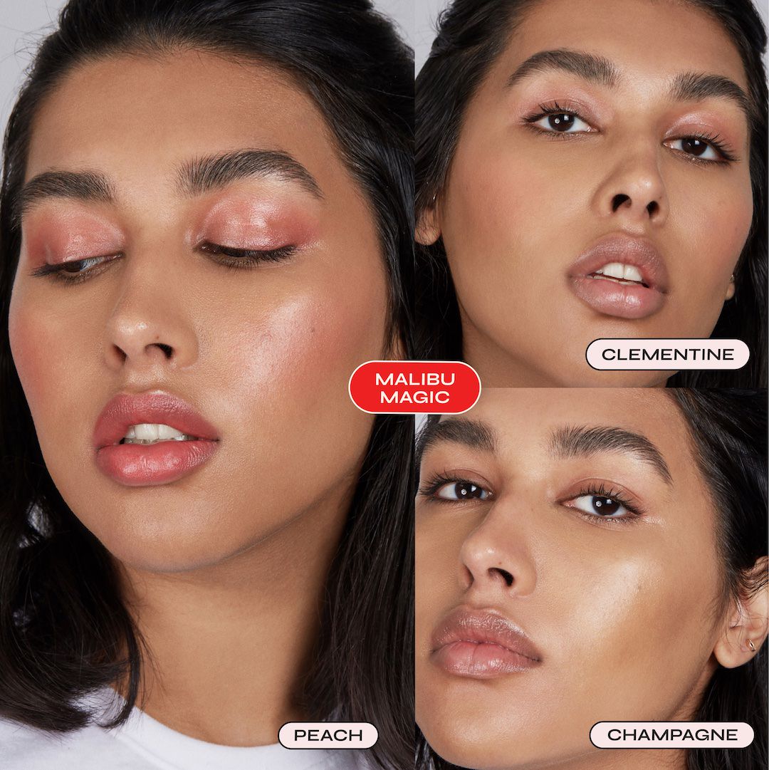 Collage of a woman's face with different makeup shades labeled 'Malibu Magic', 'Clementine', 'Peach', and 'Champagne'.